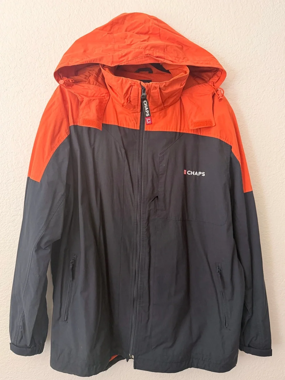 Chaps Men's Orange and Black Hooded Raincoat